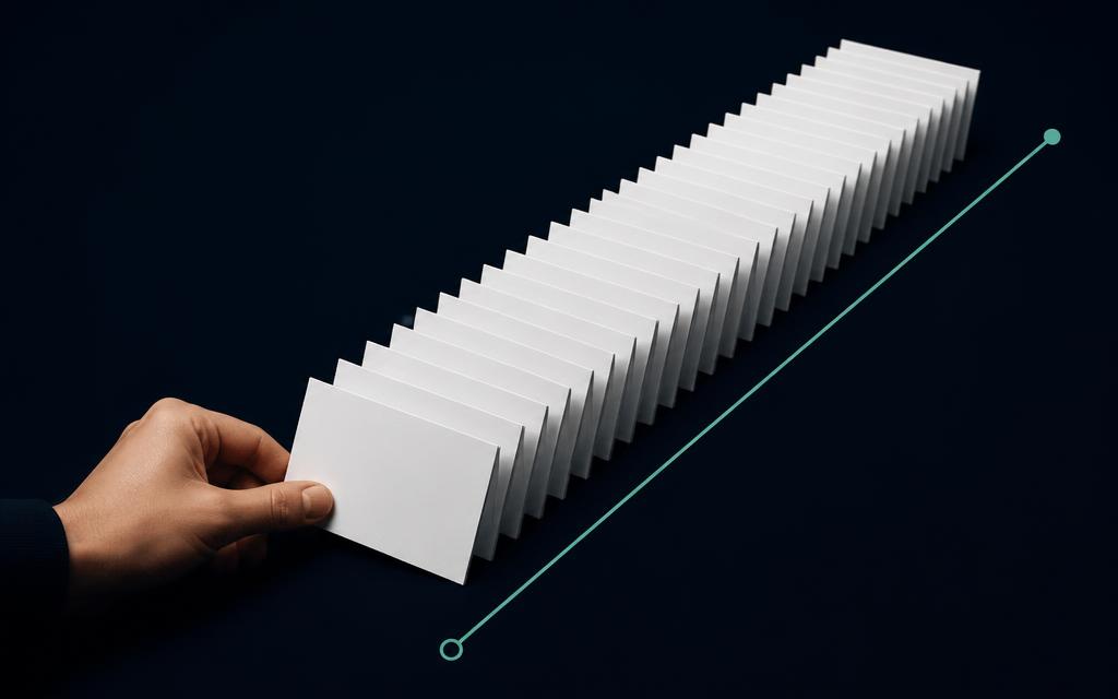 A hand pulling one card from a neatly ordered chronological stack