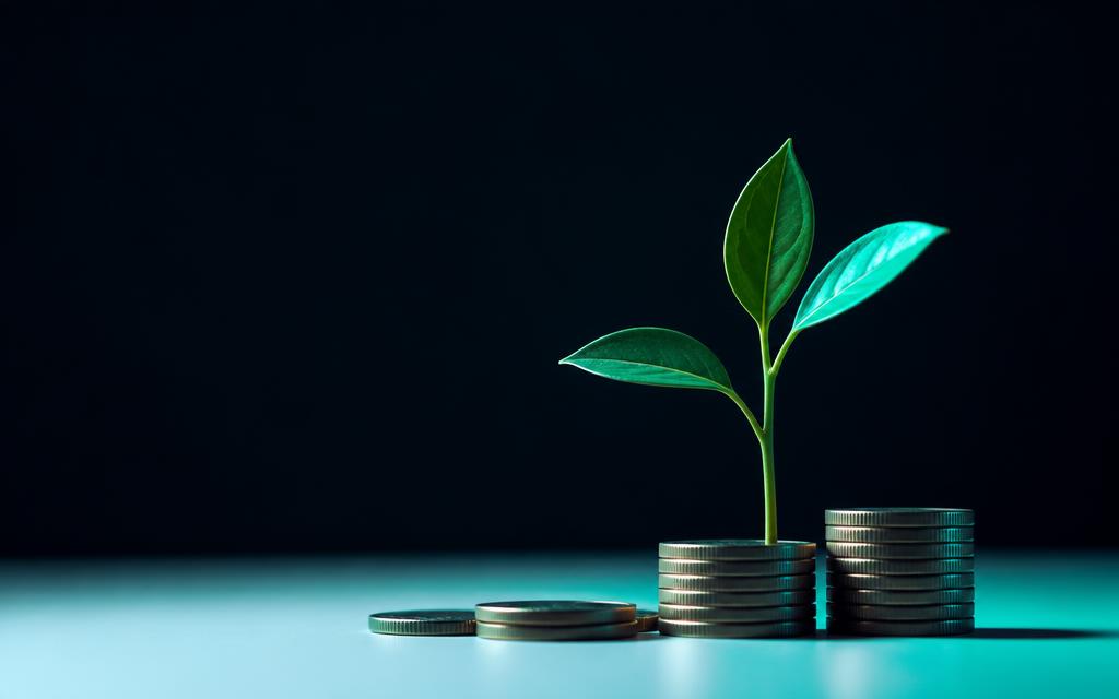 A small plant sprouting from stacked coins