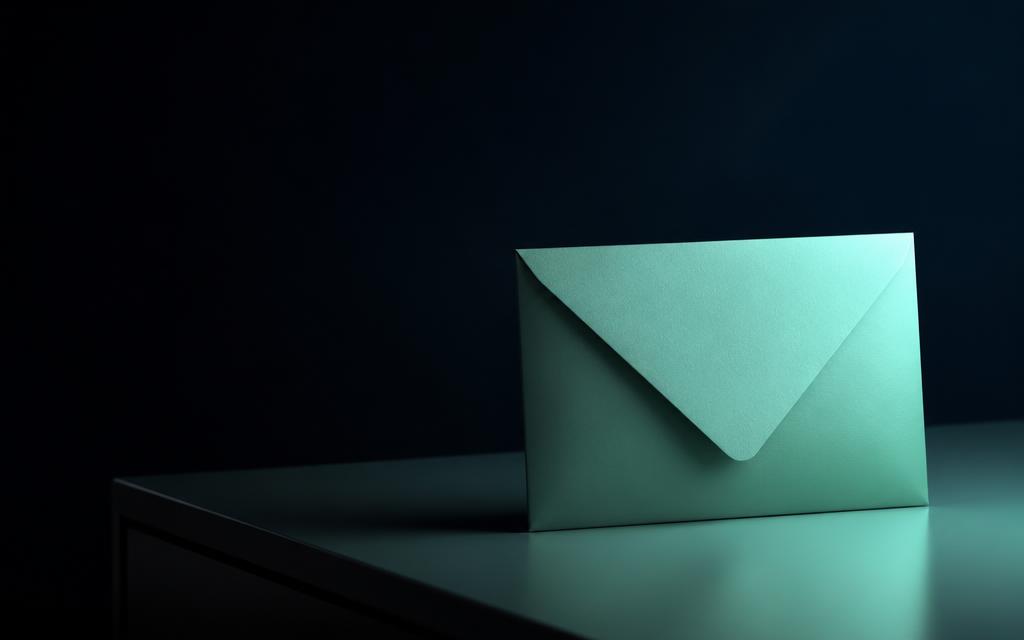 A single mint envelope resting on a desk in low light